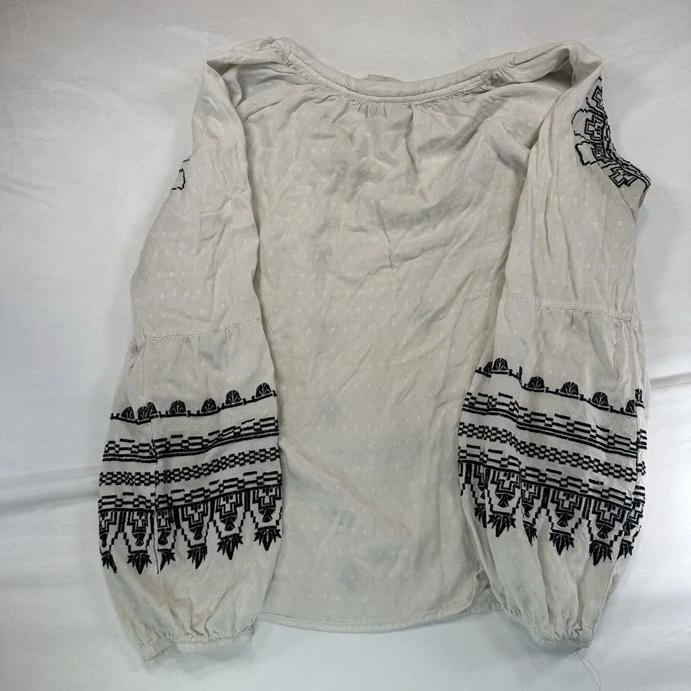 Knox Rose Top Womens L Peasant Embroidered Raglan Sleeve Tie‎ Neck White Boho